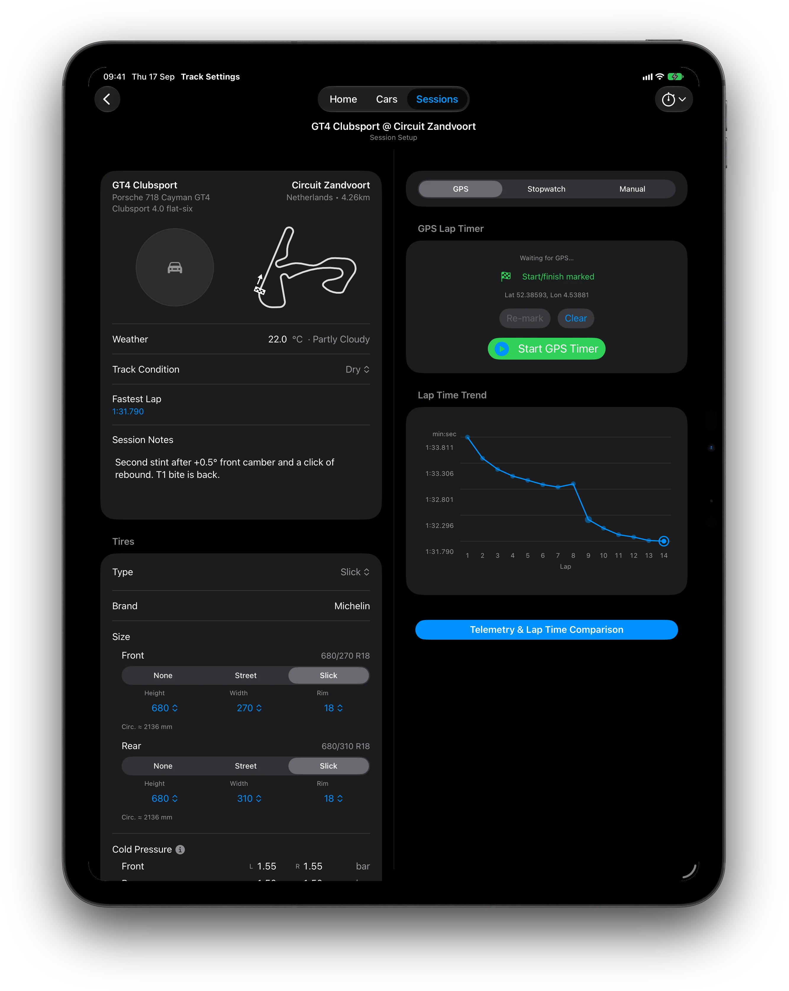 iPad lap timing with trend graph beside session notes