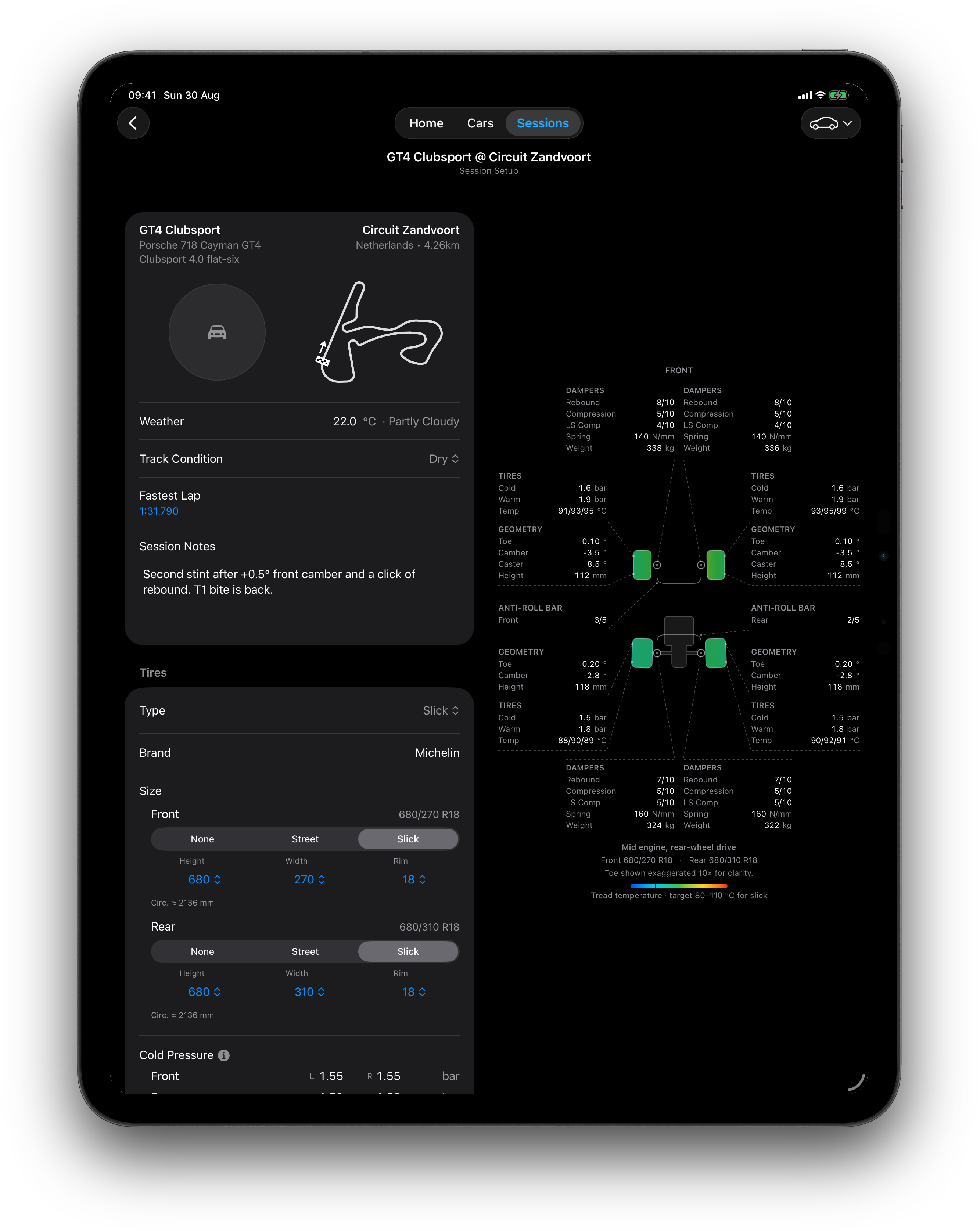 iPad session setup with suspension schematic and tread heat map