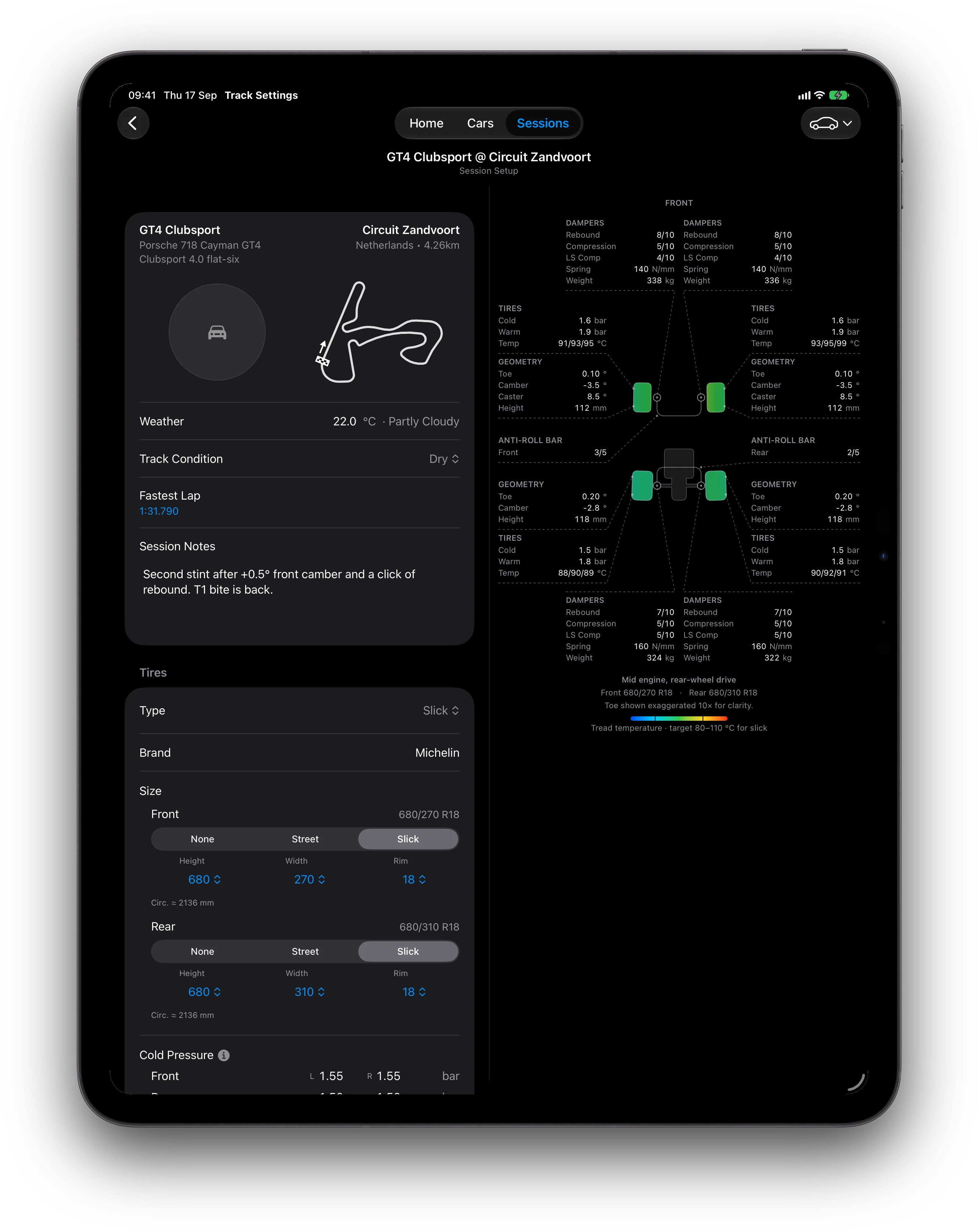 iPad session setup with suspension schematic and tread heat map