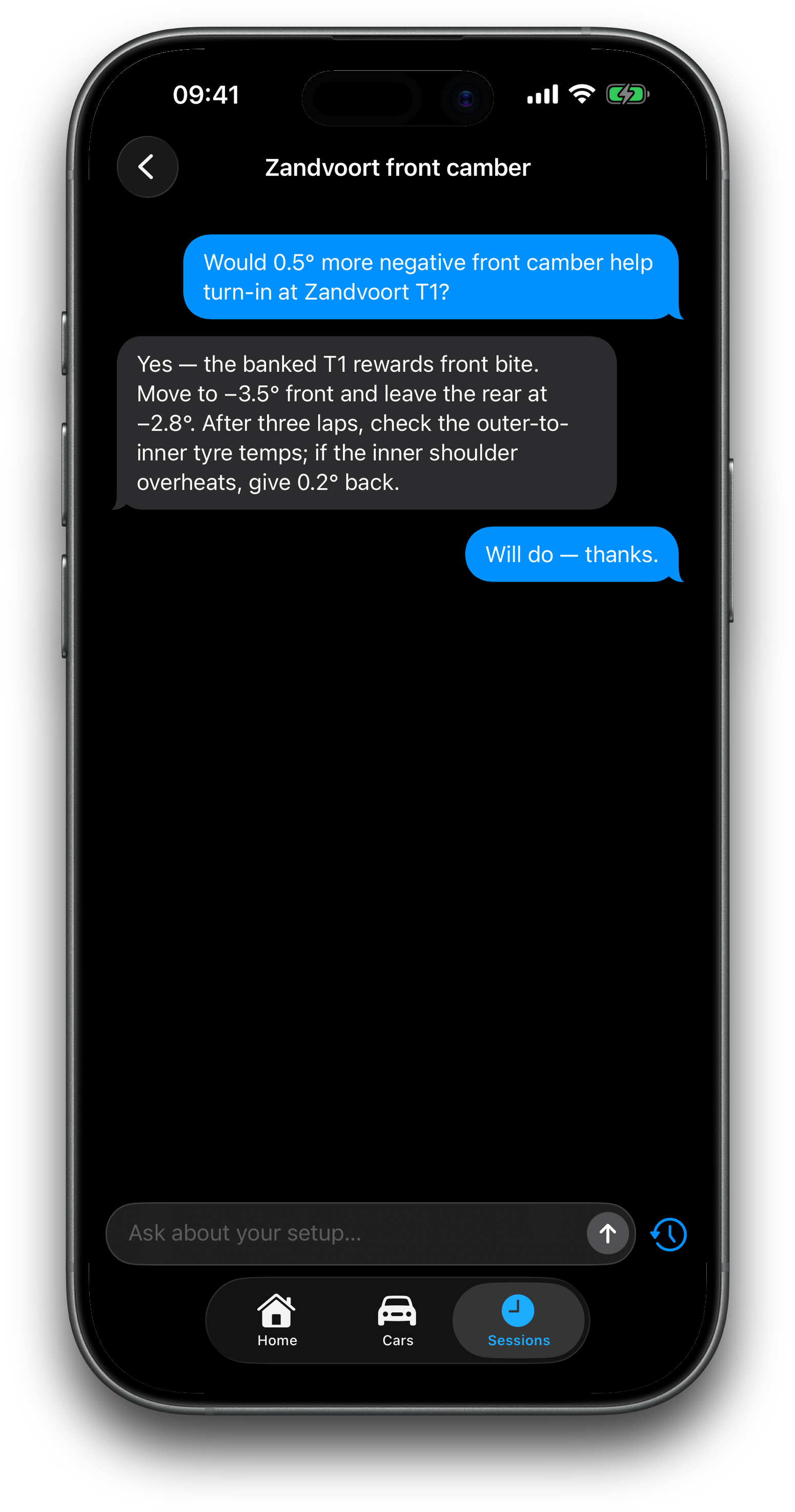 Ask an Engineer chat on iPhone: slow-corner understeer advice