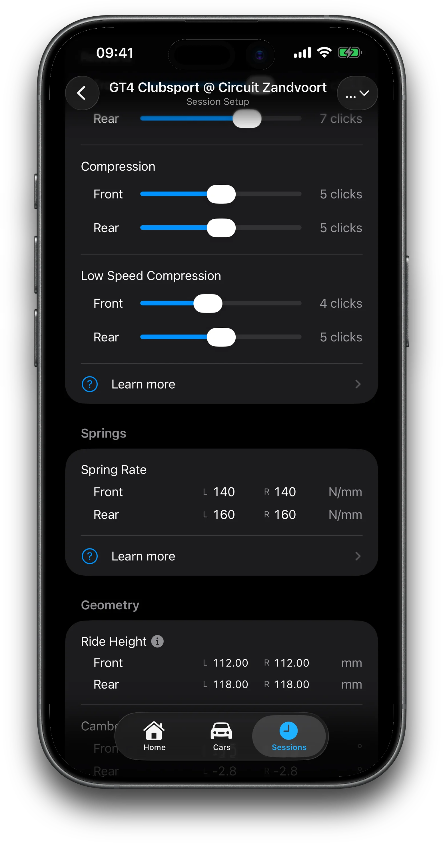 Per-corner geometry and spring-rate fields on iPhone