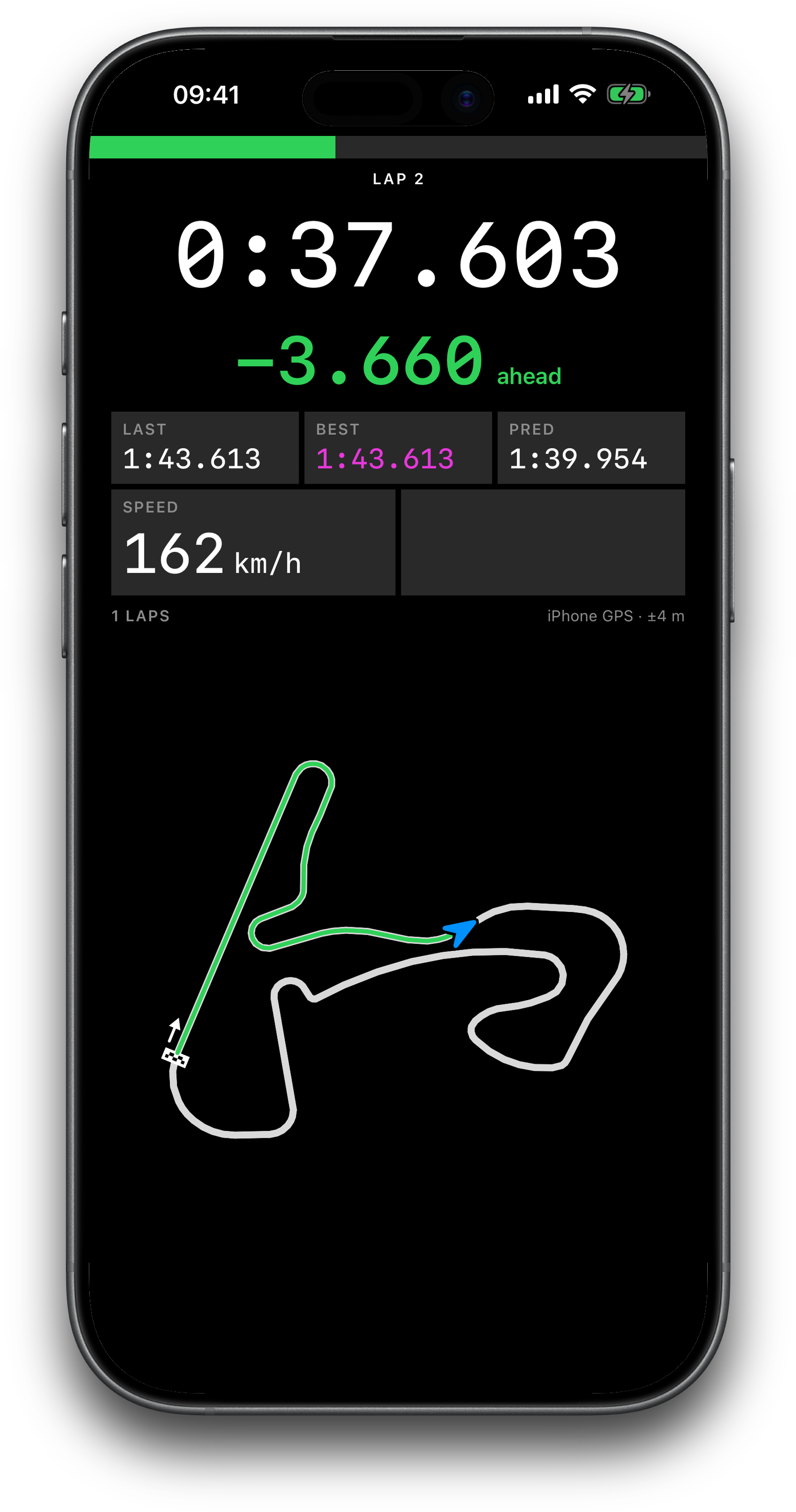Armed GPS timing on iPhone: running lap, live delta, best and predicted lap, speed, and the driven path on the track outline