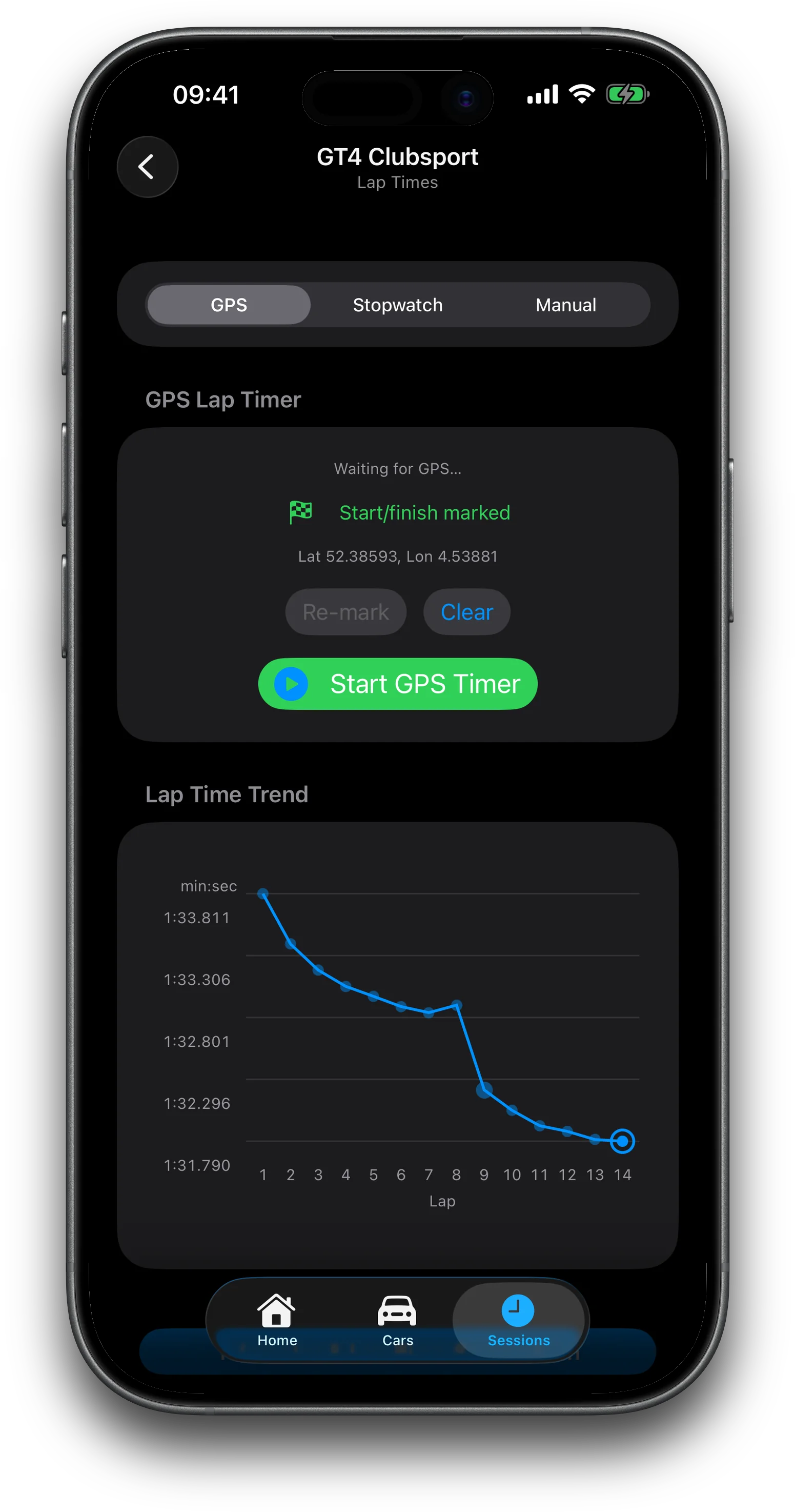 Lap time trend graph with setup-change markers on iPhone