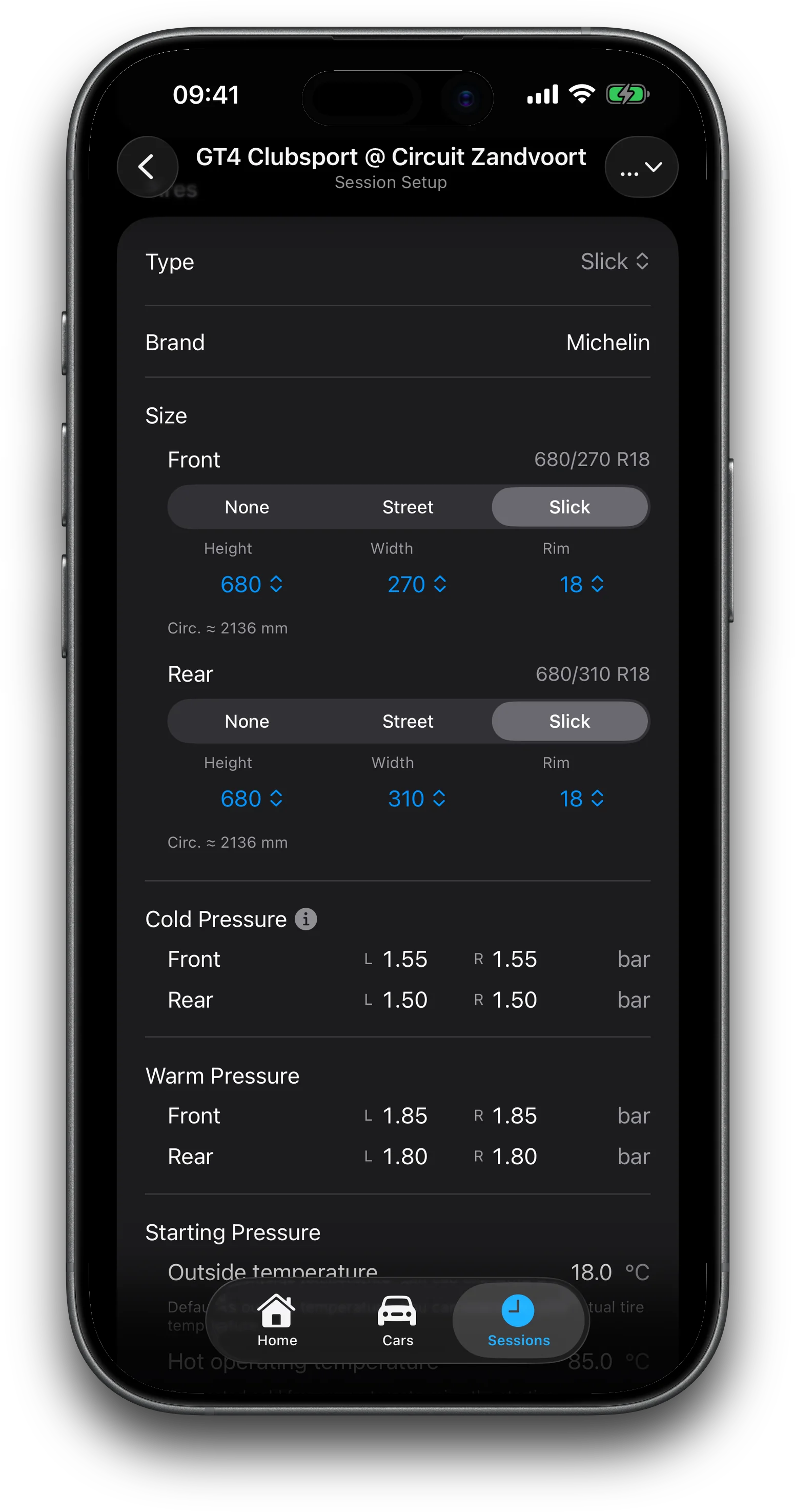 Suspension schematic with per-corner pressures, temperatures and damper clicks on iPhone