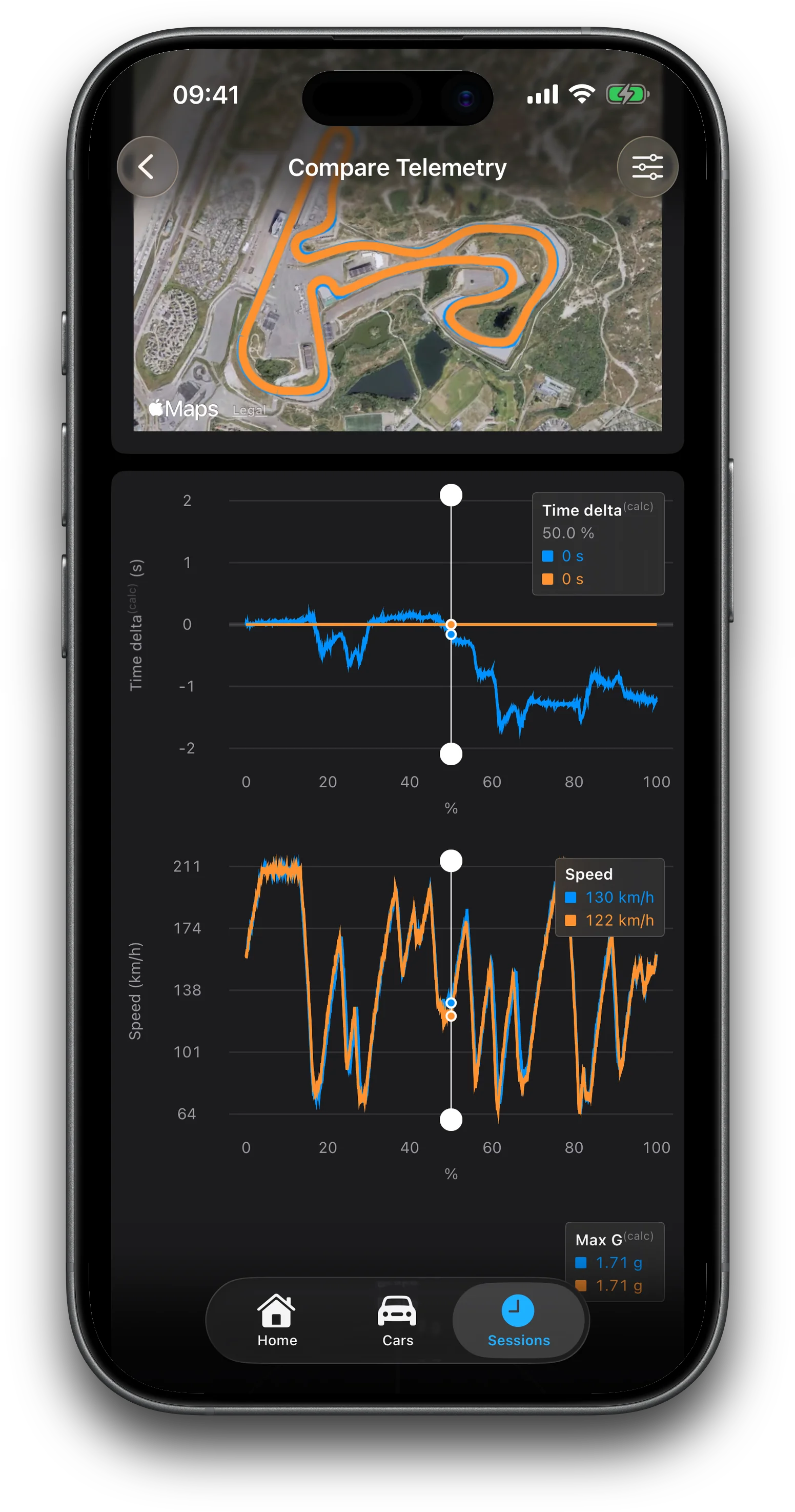 Telemetry compare on iPhone with two laps overlaid and GPS traces on satellite imagery